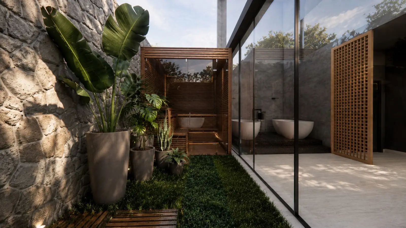 Sauna com cabine de madeira cercada por plantas e paredes de vidro